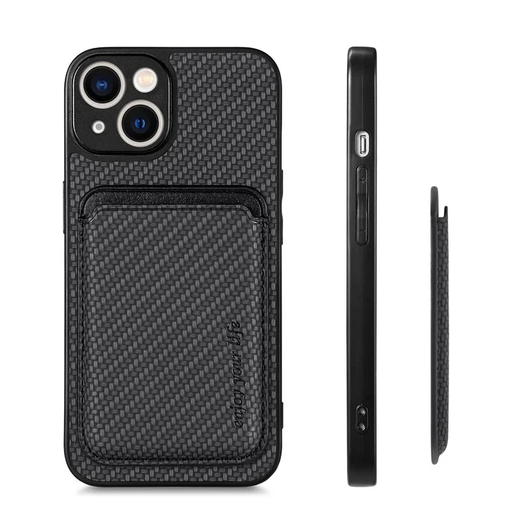 Carbon Fiber Phone Case for iPhone 15 , Leather+PC+TPU Cover with Detachable Magnetic Card Holder - Black