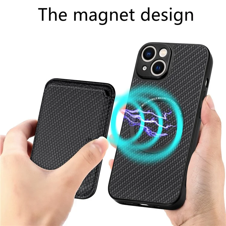 Carbon Fiber Phone Case for iPhone 15 , Leather+PC+TPU Cover with Detachable Magnetic Card Holder - Black