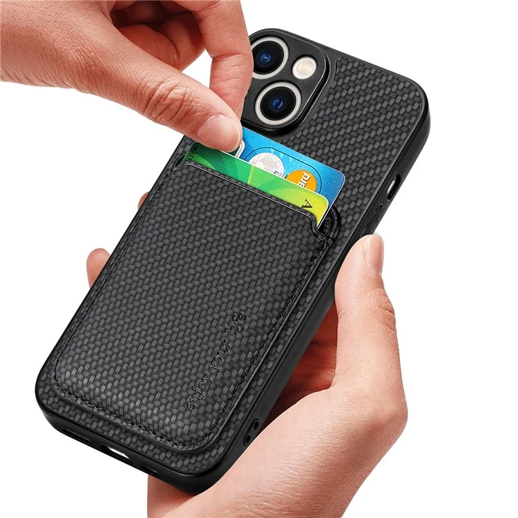 Carbon Fiber Phone Case for iPhone 15 , Leather+PC+TPU Cover with Detachable Magnetic Card Holder - Black