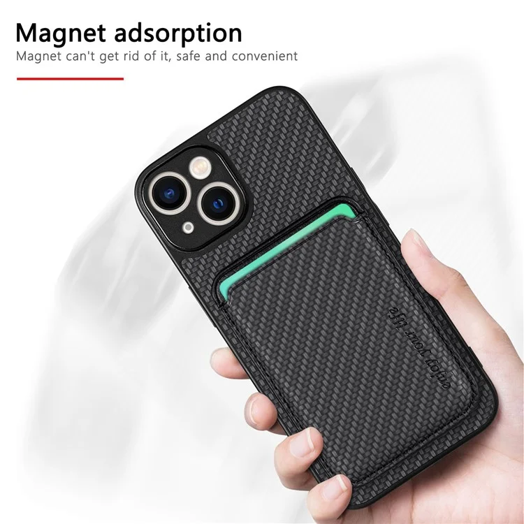 Carbon Fiber Phone Case for iPhone 15 , Leather+PC+TPU Cover with Detachable Magnetic Card Holder - Black