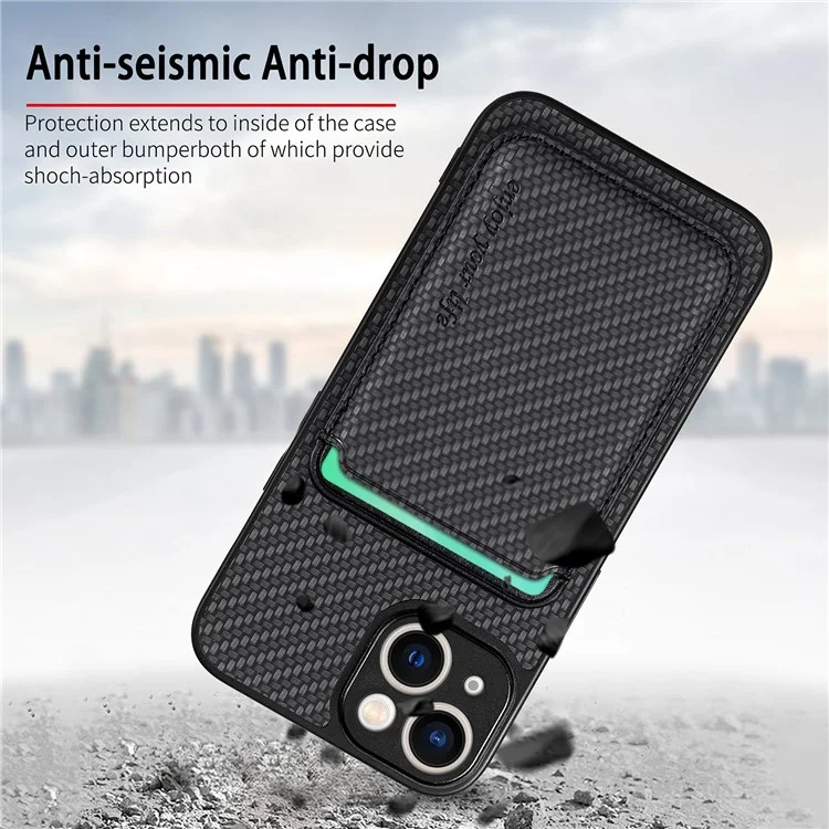 Carbon Fiber Phone Case for iPhone 15 , Leather+PC+TPU Cover with Detachable Magnetic Card Holder - Black