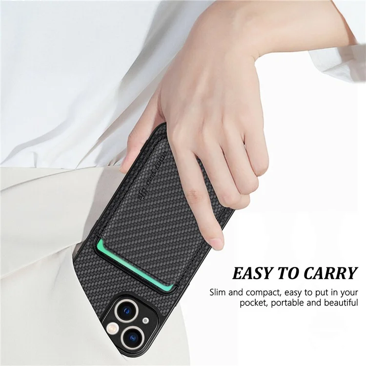 Carbon Fiber Phone Case for iPhone 15 , Leather+PC+TPU Cover with Detachable Magnetic Card Holder - Black
