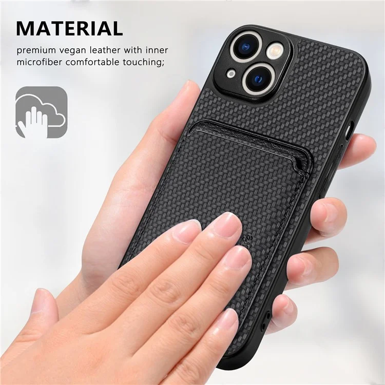 Carbon Fiber Phone Case for iPhone 15 , Leather+PC+TPU Cover with Detachable Magnetic Card Holder - Black