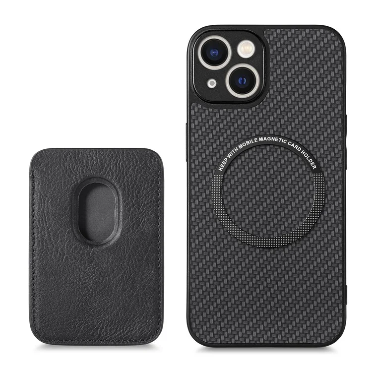 Carbon Fiber Phone Case for iPhone 15 , Leather+PC+TPU Cover with Detachable Magnetic Card Holder - Black