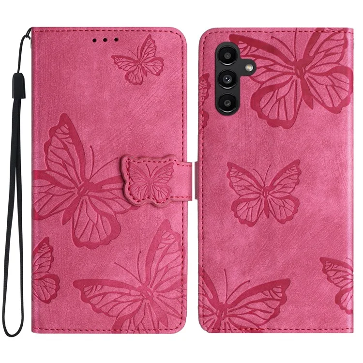 Für Samsung Galaxy S23 FE PU-Leder-geprägte Schmetterlinge Handyhülle mit Brieftasche, Ständer und Schulterriemen - Rose