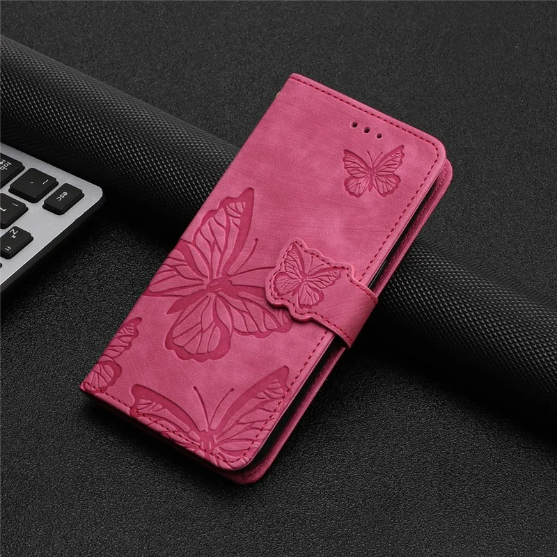 Für Samsung Galaxy S23 FE PU-Leder-geprägte Schmetterlinge Handyhülle mit Brieftasche, Ständer und Schulterriemen - Rose