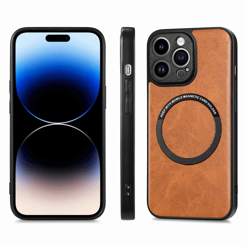 For iPhone 15 Pro Max Magnetic Phone Case Compatible with MagSafe PU Leather Coated PC+TPU Cover - Brown