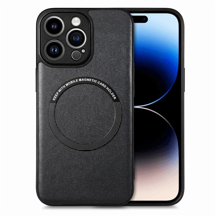 For iPhone 15 Pro Magnetic Phone Case PU Leather Coated PC+TPU Anti-drop Cover Compatible with MagSafe - Black