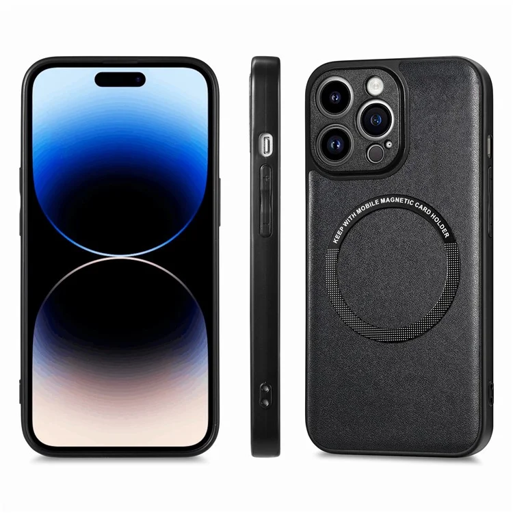 For iPhone 15 Pro Magnetic Phone Case PU Leather Coated PC+TPU Anti-drop Cover Compatible with MagSafe - Black