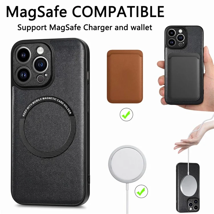 For iPhone 15 Pro Magnetic Phone Case PU Leather Coated PC+TPU Anti-drop Cover Compatible with MagSafe - Black