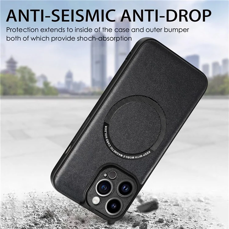 For iPhone 15 Pro Magnetic Phone Case PU Leather Coated PC+TPU Anti-drop Cover Compatible with MagSafe - Black