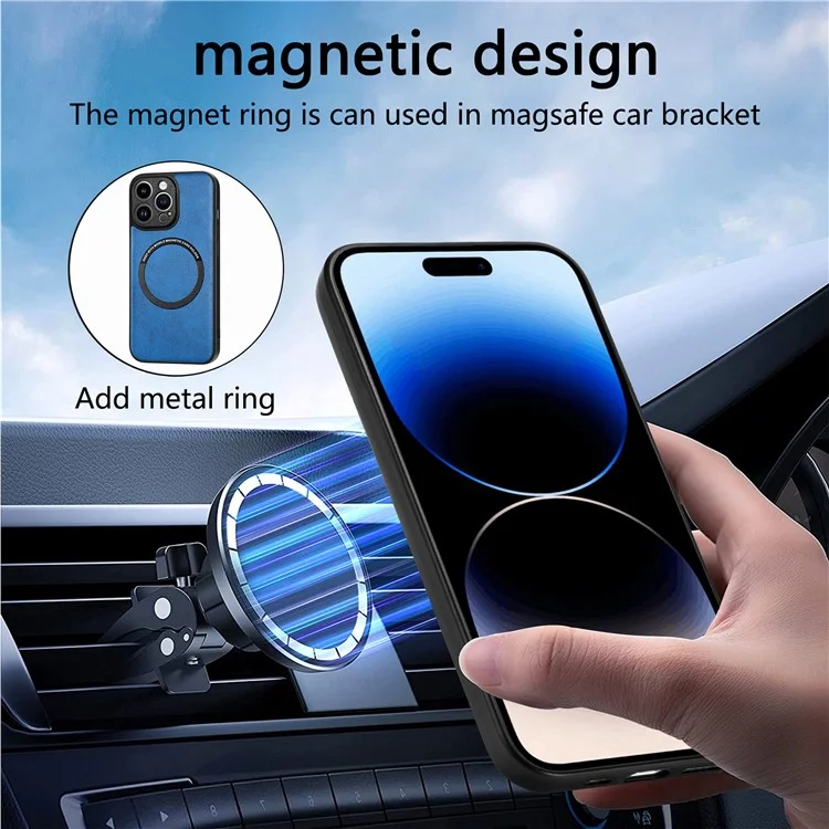 For iPhone 15 Pro Magnetic Phone Case PU Leather Coated PC+TPU Anti-drop Cover Compatible with MagSafe - Black