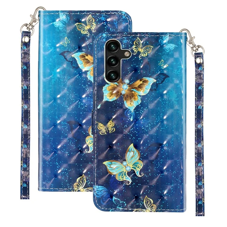 For Samsung Galaxy S23 FE PU Leather Protective Case 3D Pattern Printing Stand Wallet Phone Cover - Blue Gold Butterflies