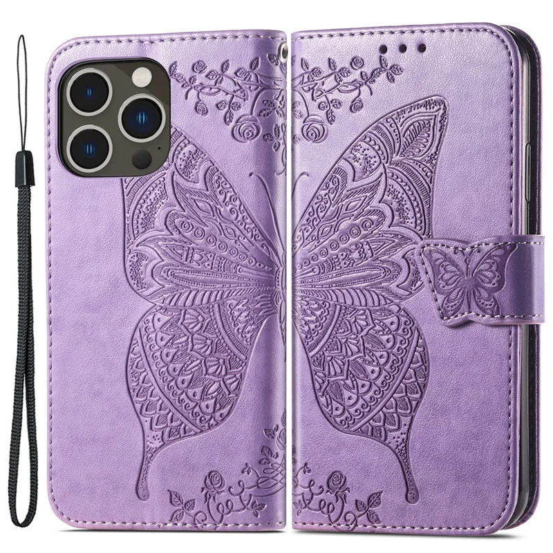 Pour iPhone 15 Pro Max Stand Wallet Case Butterfly Imprinted PU Leather Protective Phone Cover - Violet Clair