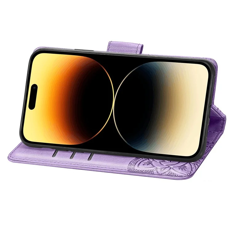 Pour iPhone 15 Pro Max Stand Wallet Case Butterfly Imprinted PU Leather Protective Phone Cover - Violet Clair