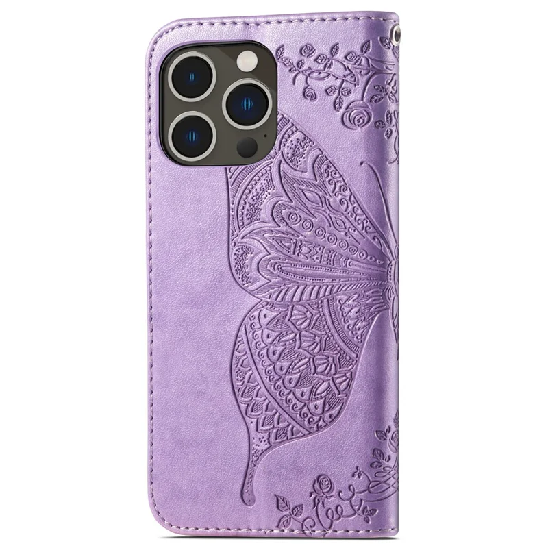 Pour iPhone 15 Pro Max Stand Wallet Case Butterfly Imprinted PU Leather Protective Phone Cover - Violet Clair