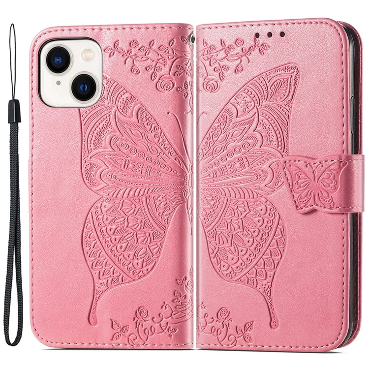 For iPhone 15 Plus PU Leather Phone Cover Wallet Butterfly Imprinted Phone Stand Case - Pink