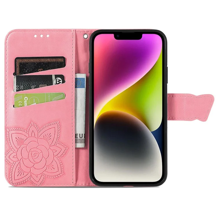 For iPhone 15 Plus PU Leather Phone Cover Wallet Butterfly Imprinted Phone Stand Case - Pink