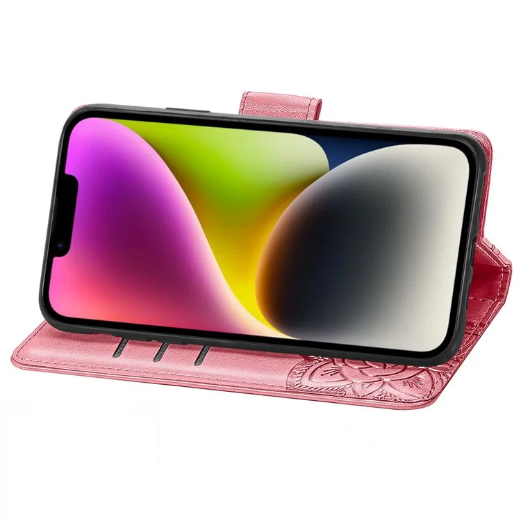 For iPhone 15 Plus PU Leather Phone Cover Wallet Butterfly Imprinted Phone Stand Case - Pink