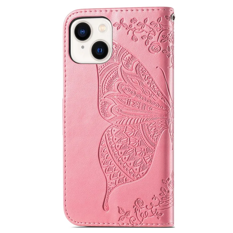 For iPhone 15 Plus PU Leather Phone Cover Wallet Butterfly Imprinted Phone Stand Case - Pink