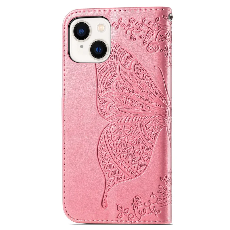 Per iPhone 15 Butterfly Imprinted Phone Leather Case Wallet Stand Phone Cover - Rosa