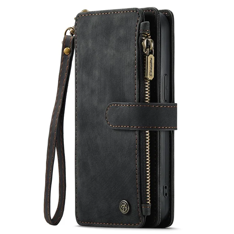 For iPhone 15 Pro Max Phone Cases with Strap CASEME C30 Zipper Multiple Card Holder PU Leather Cover - Black