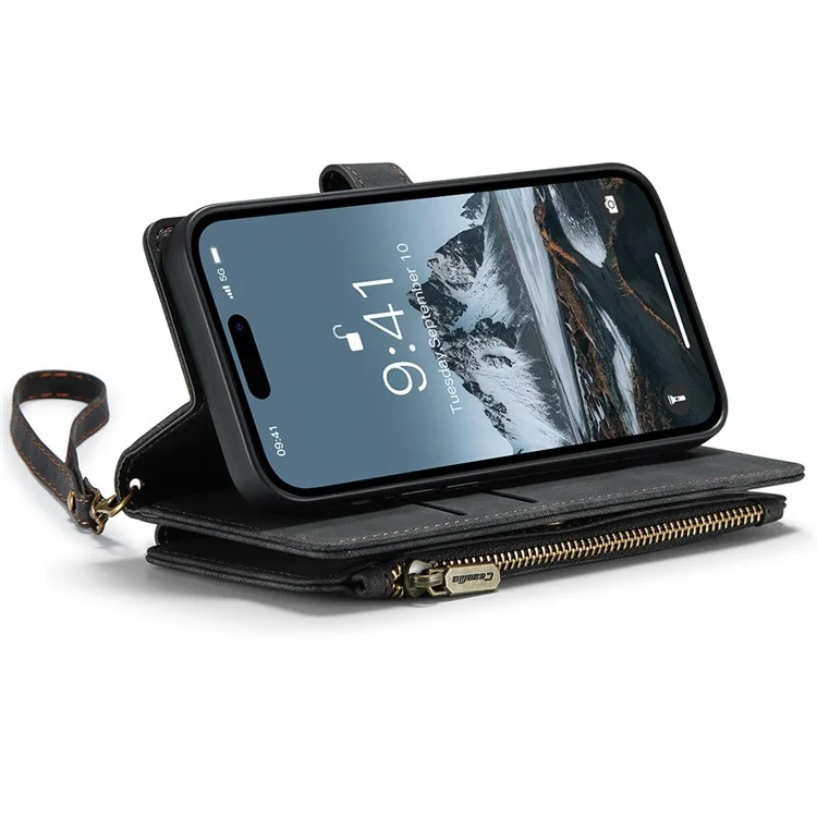 For iPhone 15 Pro Max Phone Cases with Strap CASEME C30 Zipper Multiple Card Holder PU Leather Cover - Black