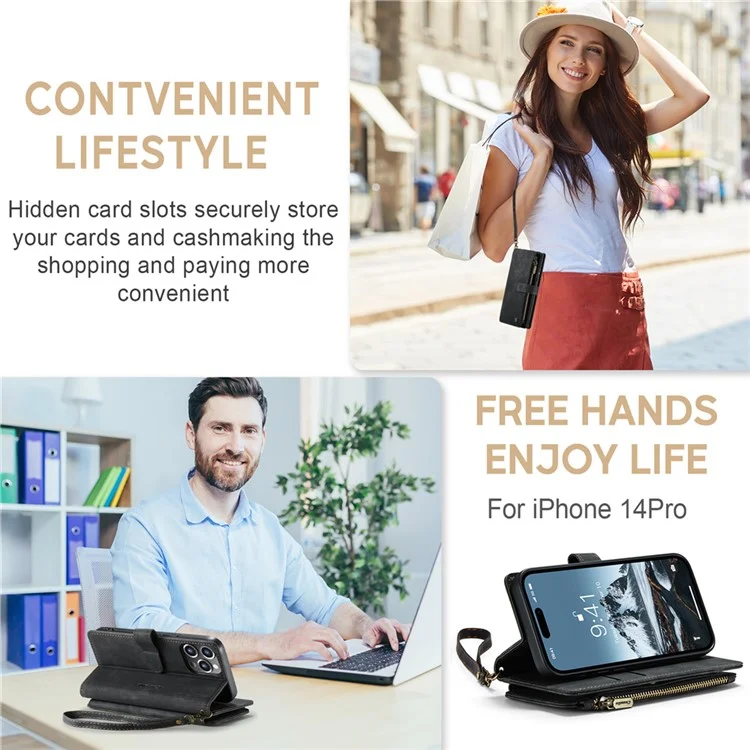 For iPhone 15 Pro Max Phone Cases with Strap CASEME C30 Zipper Multiple Card Holder PU Leather Cover - Black