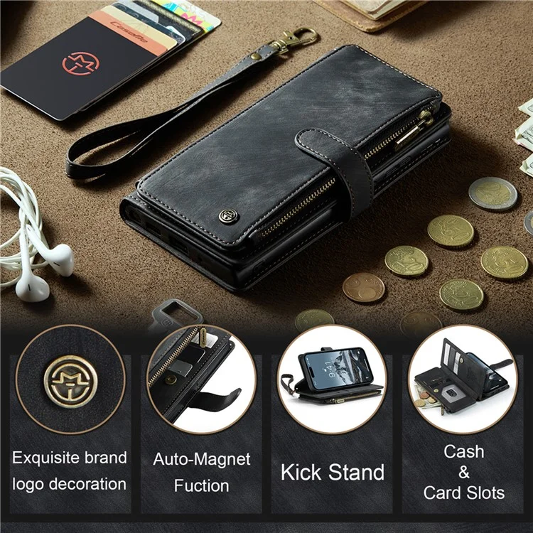 For iPhone 15 Pro Max Phone Cases with Strap CASEME C30 Zipper Multiple Card Holder PU Leather Cover - Black