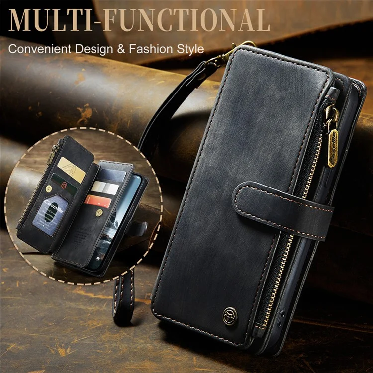 CASEME C30 Serie per iPhone 15 Pro Multiple Card Slots Wallet Leather Phone Case con Tasca Porta Cerniera Stand - Nero