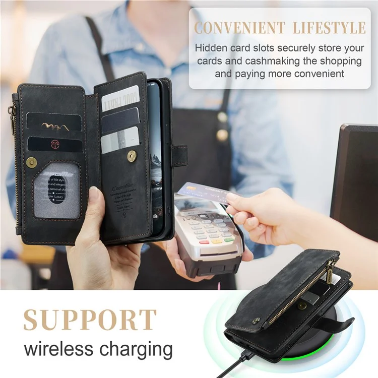 CASEME C30 Serie per iPhone 15 Pro Multiple Card Slots Wallet Leather Phone Case con Tasca Porta Cerniera Stand - Nero