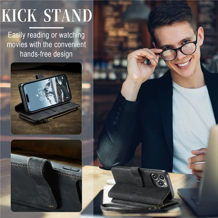 CASEME C30 Serie per iPhone 15 Pro Multiple Card Slots Wallet Leather Phone Case con Tasca Porta Cerniera Stand - Nero