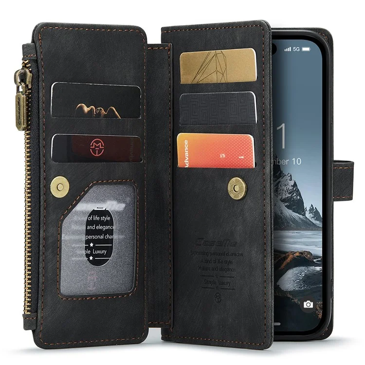 CASEME C30 Serie per iPhone 15 Pro Multiple Card Slots Wallet Leather Phone Case con Tasca Porta Cerniera Stand - Nero