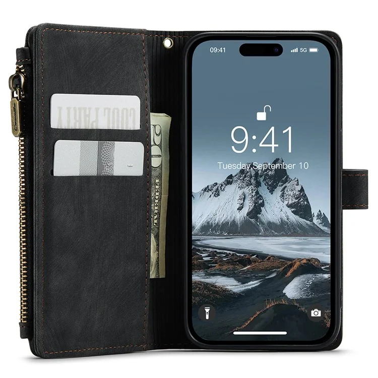 CASEME C30 Serie per iPhone 15 Pro Multiple Card Slots Wallet Leather Phone Case con Tasca Porta Cerniera Stand - Nero