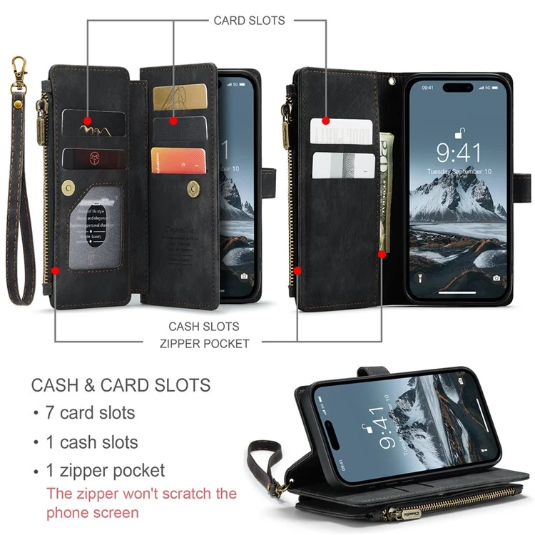 CASEME C30 Serie per iPhone 15 Pro Multiple Card Slots Wallet Leather Phone Case con Tasca Porta Cerniera Stand - Nero