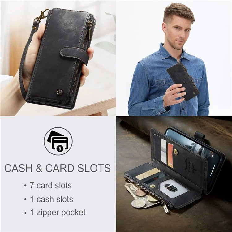 Серия Caseme C30 Для Iphone 15 Pro Pro Multive Card Slots Skellet Кожаный Телефон с Застежкой Для Zipper Pocket Stand - Черный