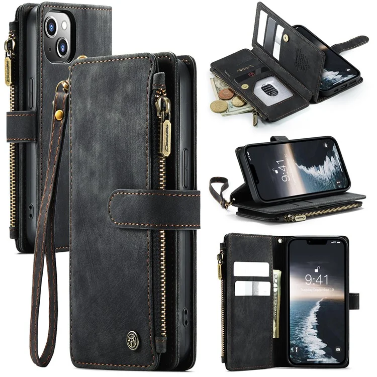 CASEME C30 Série pour iPhone 15 Étui Portefeuille en Cuir PU Plusieurs Fentes pour Cartes Poche Zippée Support - Noir