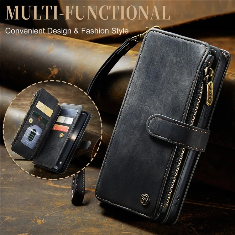 CASEME C30 Série pour iPhone 15 Étui Portefeuille en Cuir PU Plusieurs Fentes pour Cartes Poche Zippée Support - Noir