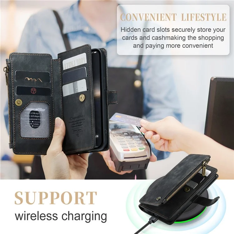 CASEME C30 Série pour iPhone 15 Étui Portefeuille en Cuir PU Plusieurs Fentes pour Cartes Poche Zippée Support - Noir
