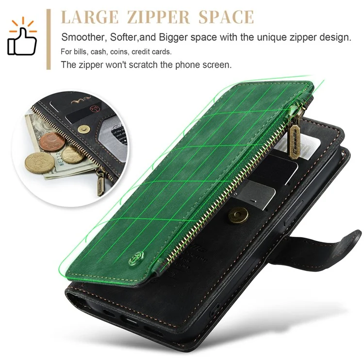 CASEME C30 Série pour iPhone 15 Étui Portefeuille en Cuir PU Plusieurs Fentes pour Cartes Poche Zippée Support - Noir