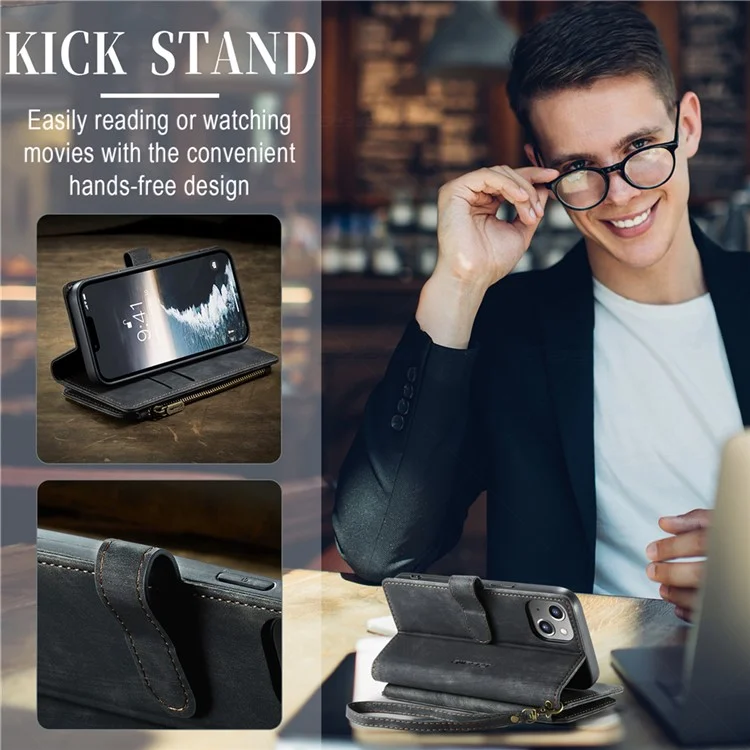 CASEME C30 Série pour iPhone 15 Étui Portefeuille en Cuir PU Plusieurs Fentes pour Cartes Poche Zippée Support - Noir
