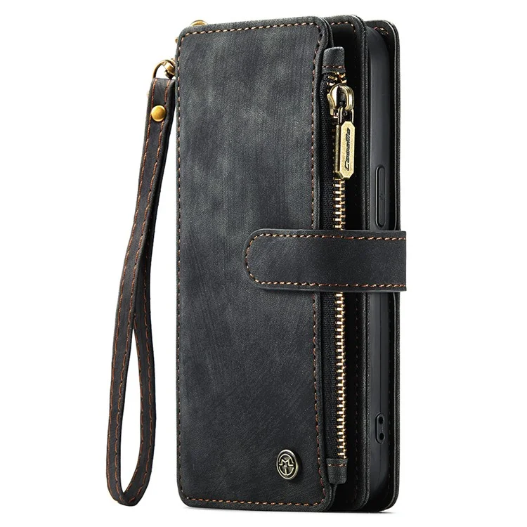 CASEME C30 Série pour iPhone 15 Étui Portefeuille en Cuir PU Plusieurs Fentes pour Cartes Poche Zippée Support - Noir