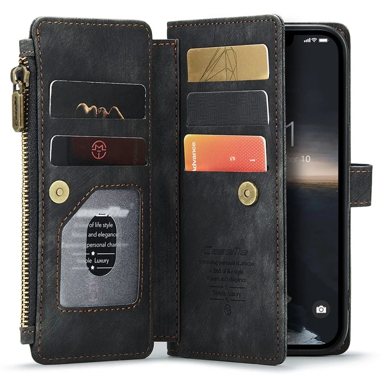CASEME C30 Série pour iPhone 15 Étui Portefeuille en Cuir PU Plusieurs Fentes pour Cartes Poche Zippée Support - Noir