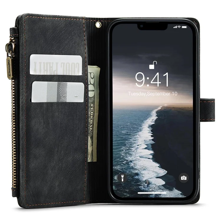 CASEME C30 Série pour iPhone 15 Étui Portefeuille en Cuir PU Plusieurs Fentes pour Cartes Poche Zippée Support - Noir