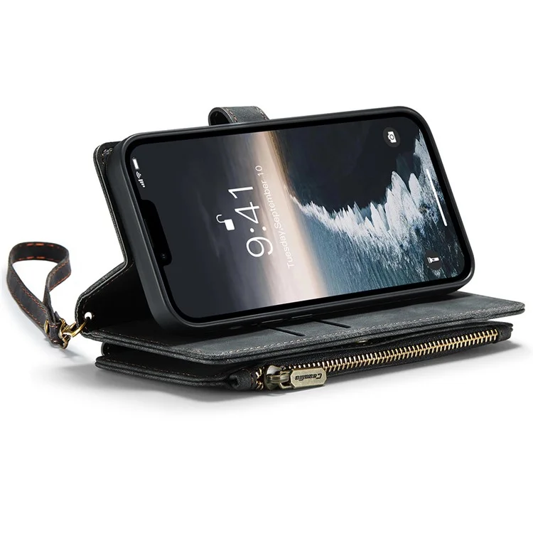 CASEME C30 Série pour iPhone 15 Étui Portefeuille en Cuir PU Plusieurs Fentes pour Cartes Poche Zippée Support - Noir