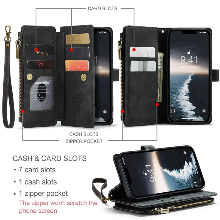 CASEME C30 Série pour iPhone 15 Étui Portefeuille en Cuir PU Plusieurs Fentes pour Cartes Poche Zippée Support - Noir