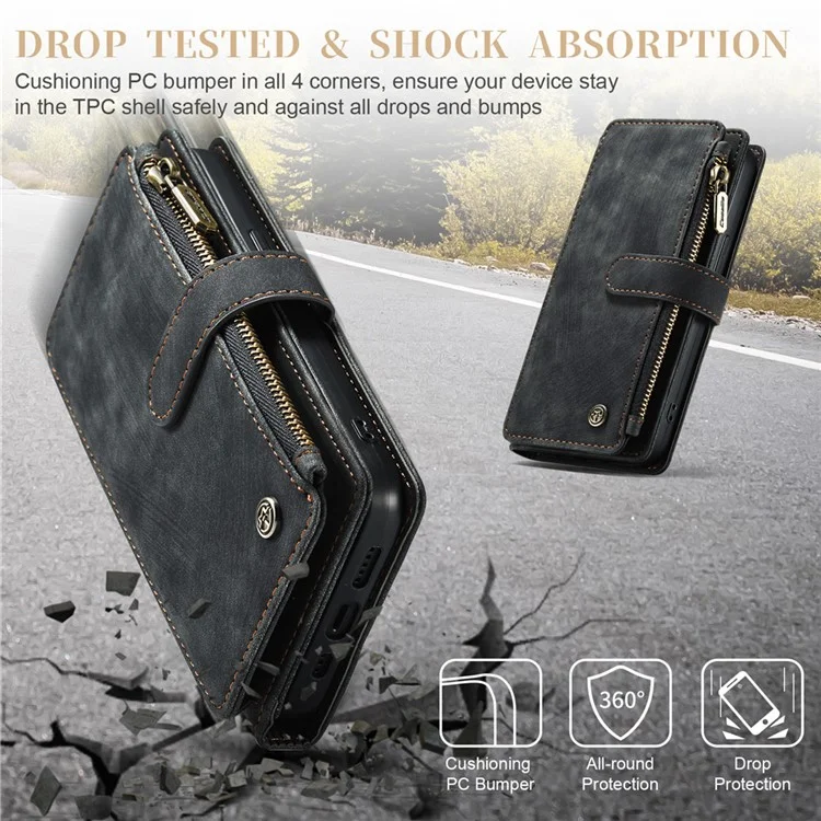 CASEME C30 Série pour iPhone 15 Étui Portefeuille en Cuir PU Plusieurs Fentes pour Cartes Poche Zippée Support - Noir