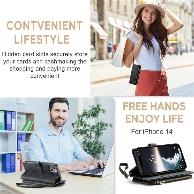 CASEME C30 Série pour iPhone 15 Étui Portefeuille en Cuir PU Plusieurs Fentes pour Cartes Poche Zippée Support - Noir