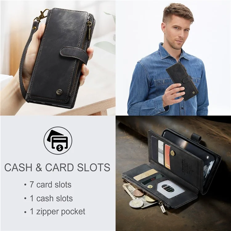 CASEME C30 Série pour iPhone 15 Étui Portefeuille en Cuir PU Plusieurs Fentes pour Cartes Poche Zippée Support - Noir
