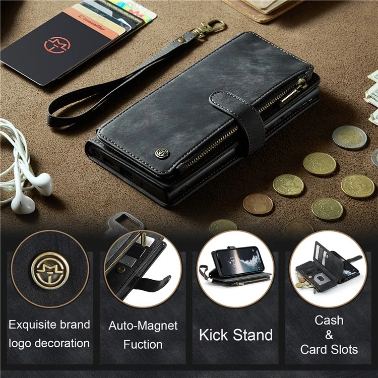 CASEME C30 Série pour iPhone 15 Étui Portefeuille en Cuir PU Plusieurs Fentes pour Cartes Poche Zippée Support - Noir